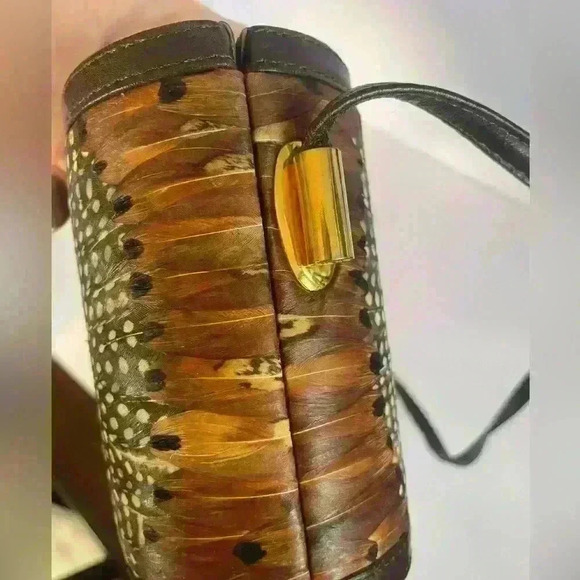 Vintage Genuine Peacock Feather Purse by Comeco Handbag Clutch w/ Strap Brown - Picture 8 of 14